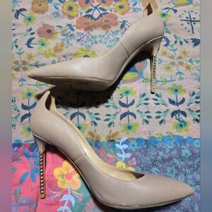Nude leather stilettos with gold studded heel, size 38.5
